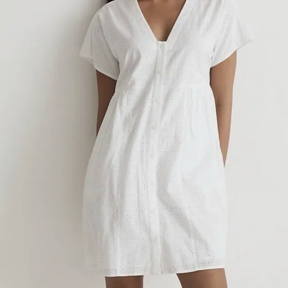 New Madewell Button-Front V Neck Mini Dress White Eyelet